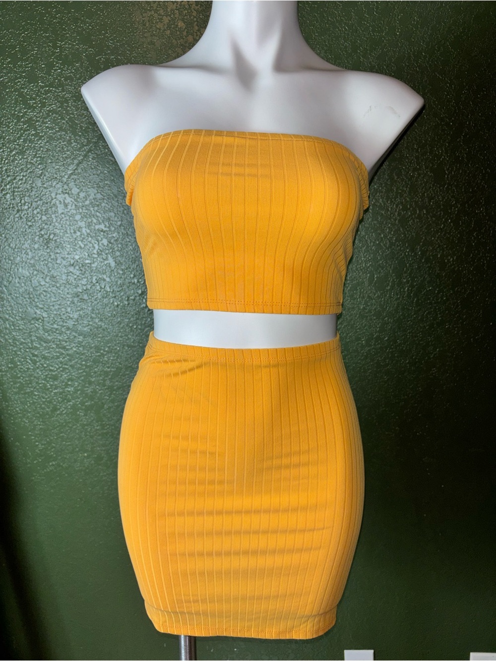 Ribbed Tube Crop Top & Skirt Set - Mustard Yellow
